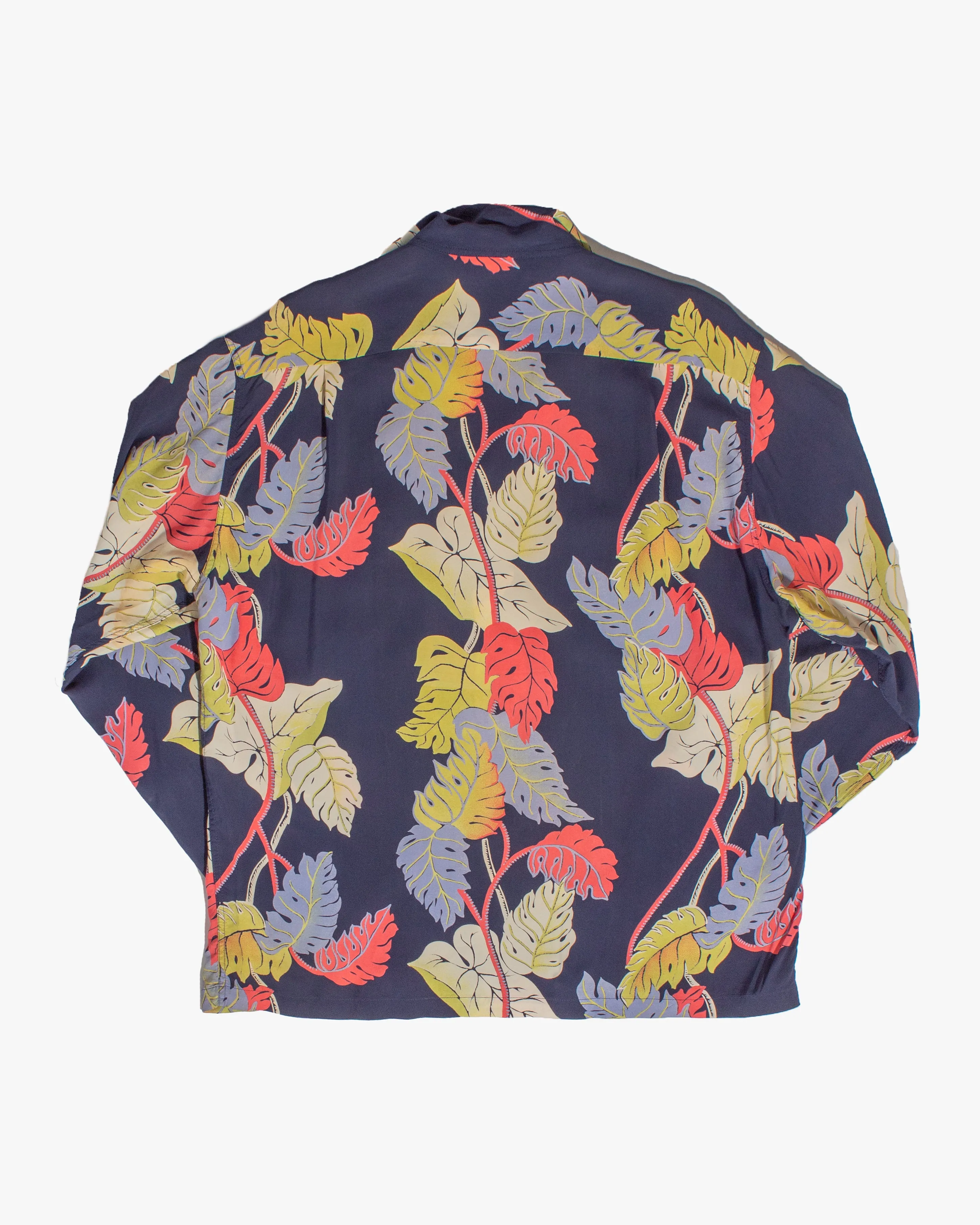 Japanese Repro, Long Sleeve Aloha Shirt, Sun Surf Brand, Navy with Colorful Monstera Leaves sold by Kiriko product image thumbnail 3