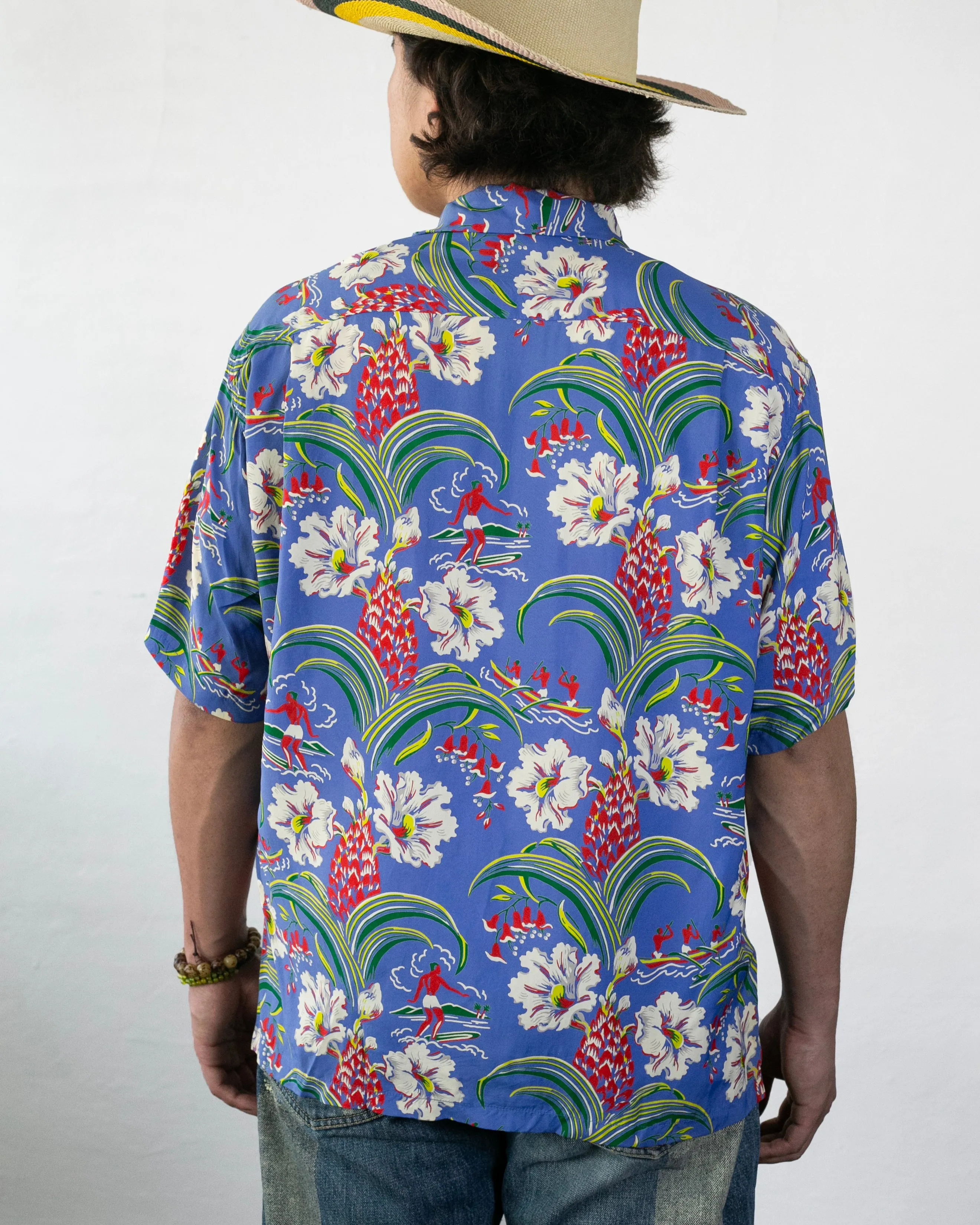 Japanese Repro, Short Sleeve Aloha Shirt, Sun Surf Brand, Blue with Multicolor Surfing and Flowers sold by Kiriko product image thumbnail 3