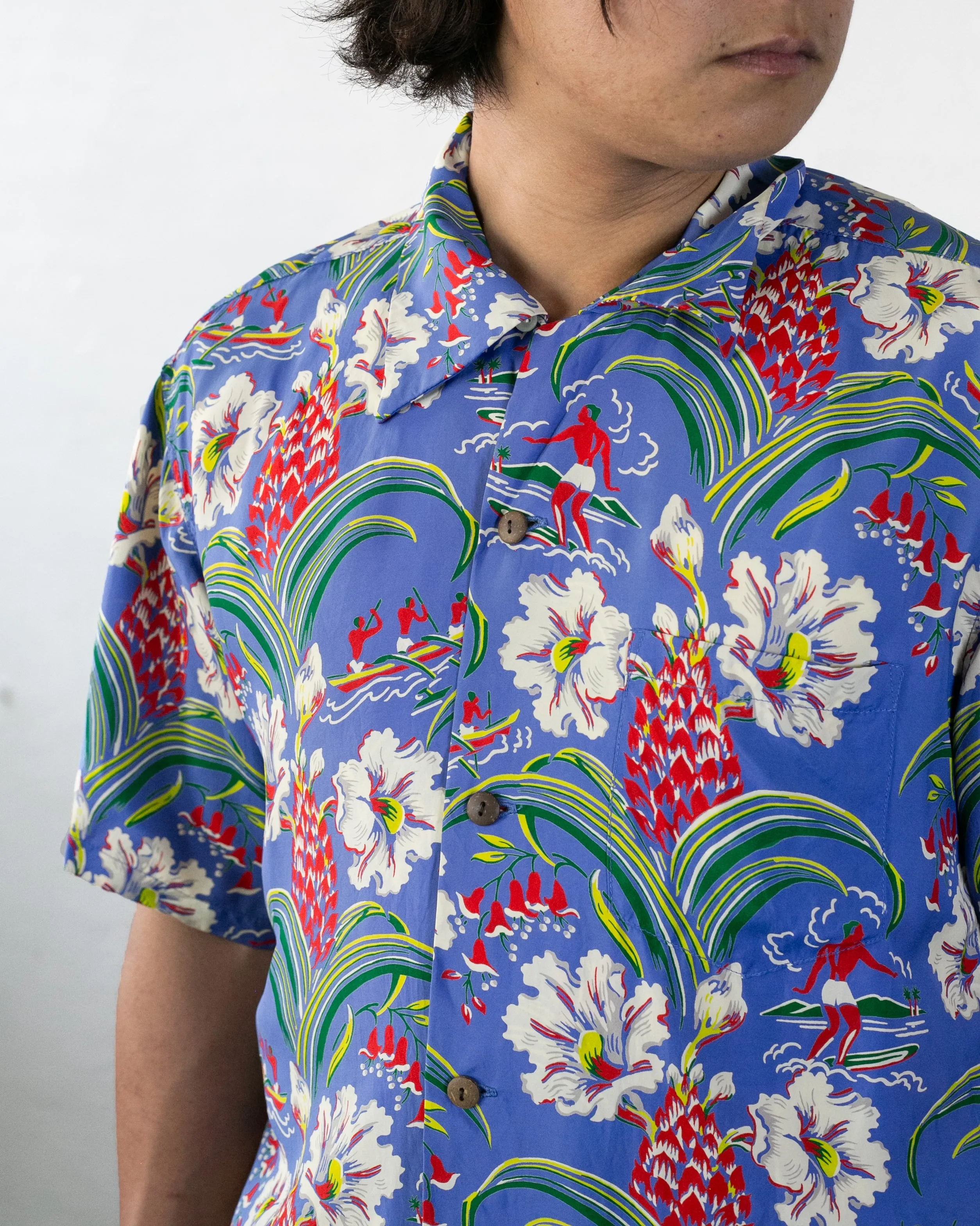 Japanese Repro, Short Sleeve Aloha Shirt, Sun Surf Brand, Blue with Multicolor Surfing and Flowers sold by Kiriko product image thumbnail 2