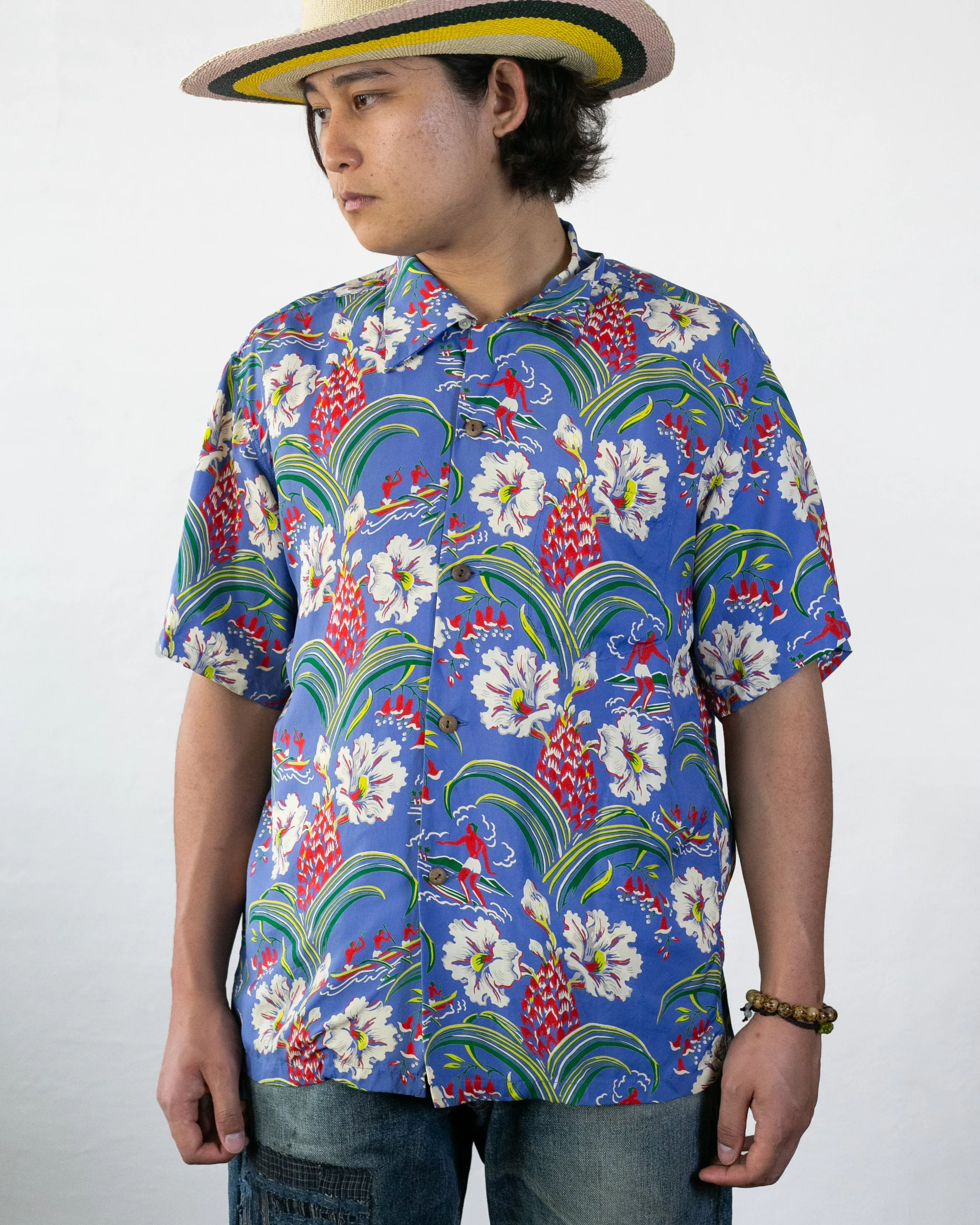 Japanese Repro, Short Sleeve Aloha Shirt, Sun Surf Brand, Blue with Multicolor Surfing and Flowers sold by Kiriko