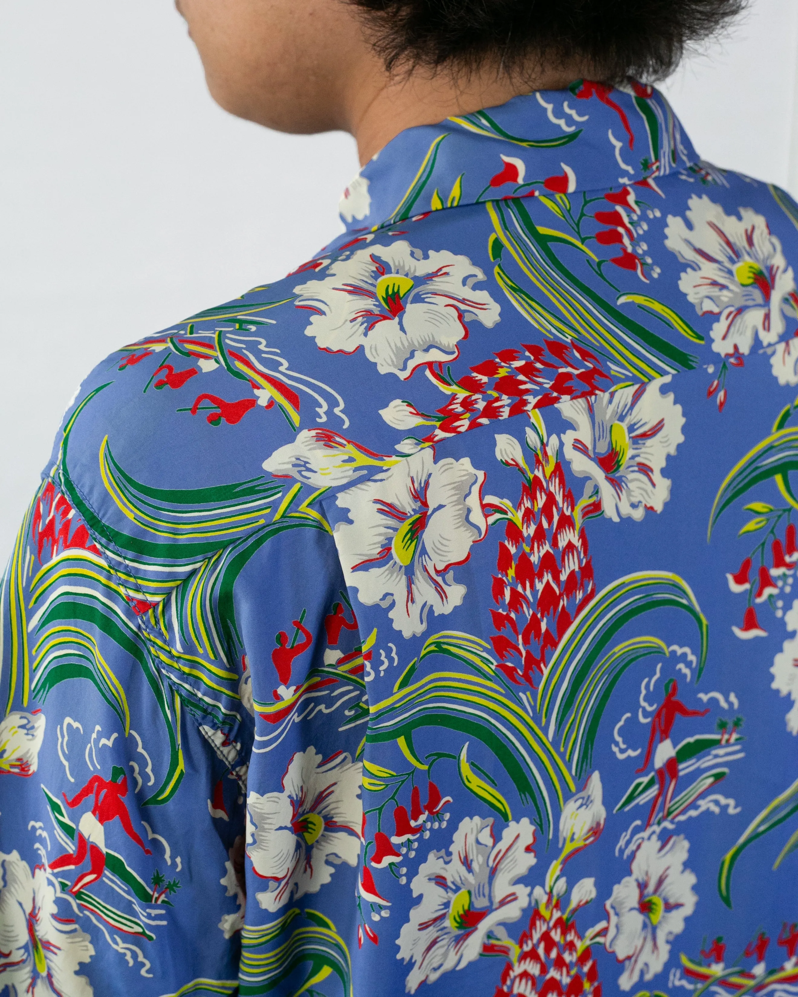 Japanese Repro, Short Sleeve Aloha Shirt, Sun Surf Brand, Blue with Multicolor Surfing and Flowers sold by Kiriko product image thumbnail 4