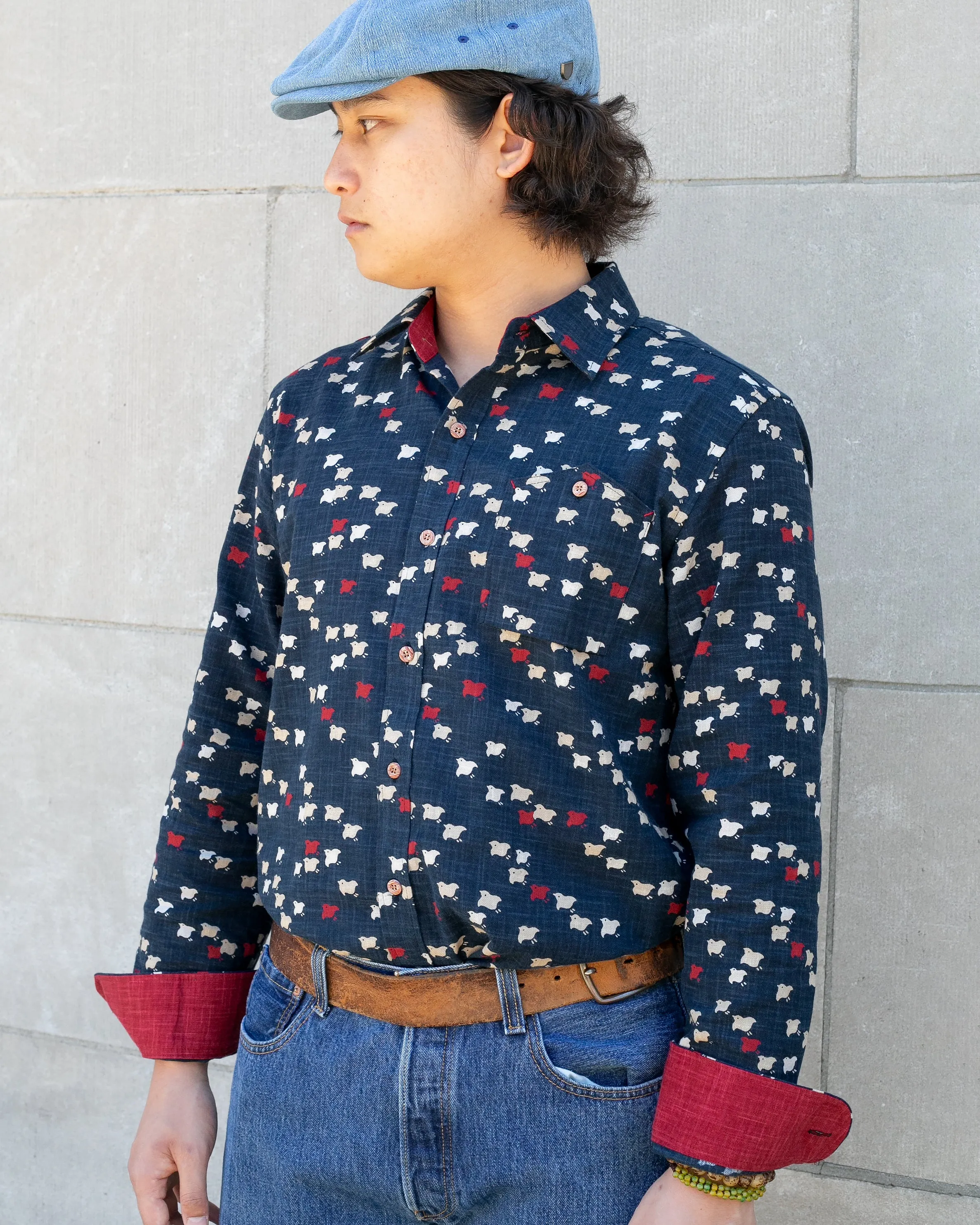 Kiriko Original Shirt, Long Sleeve Button-Up, Indigo Chidori with Red sold by Kiriko