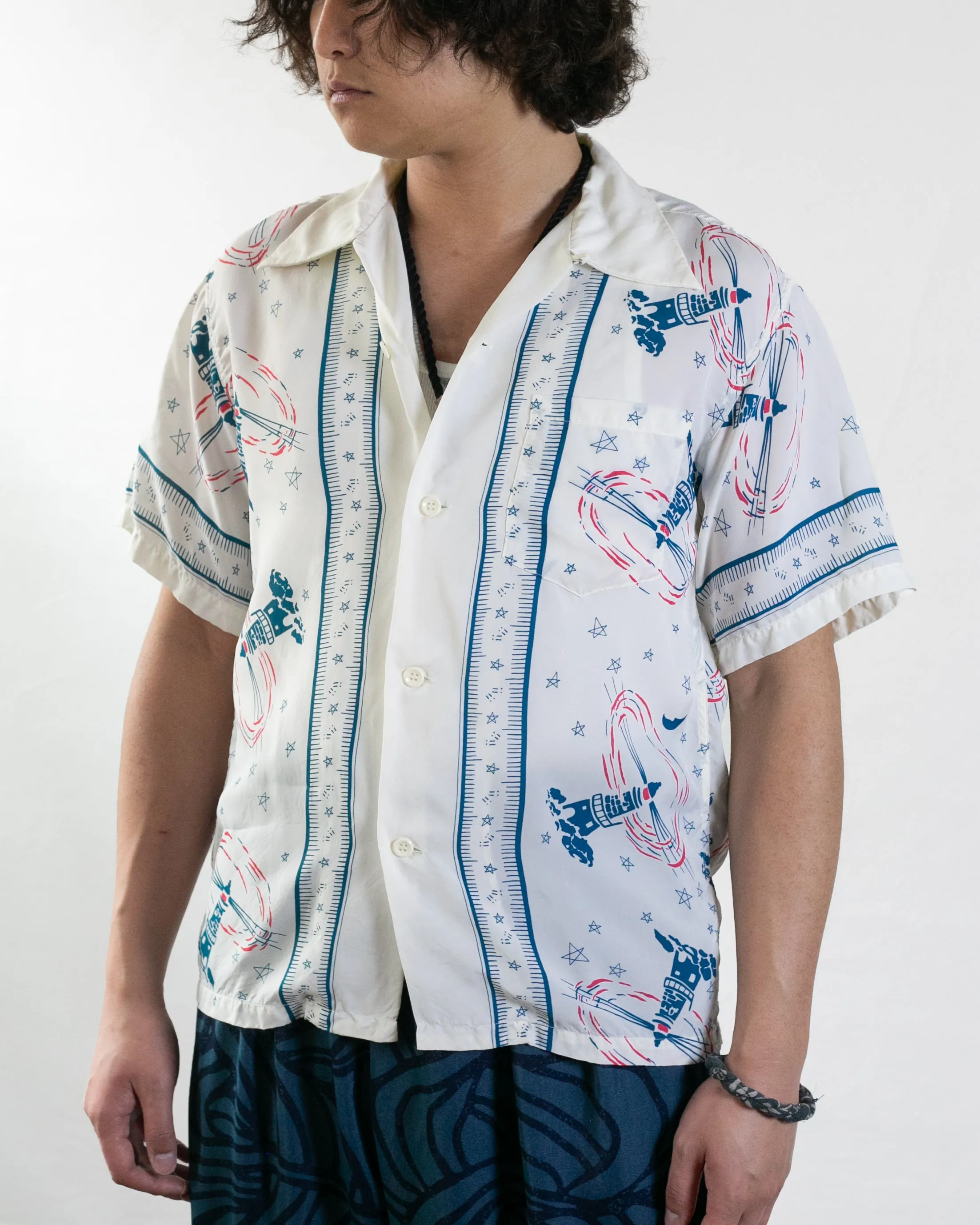 Japanese Repro Shirt, Aloha Short Sleeve, Sun Surf Brand, White and Blue Lighthouse - M sold by Kiriko