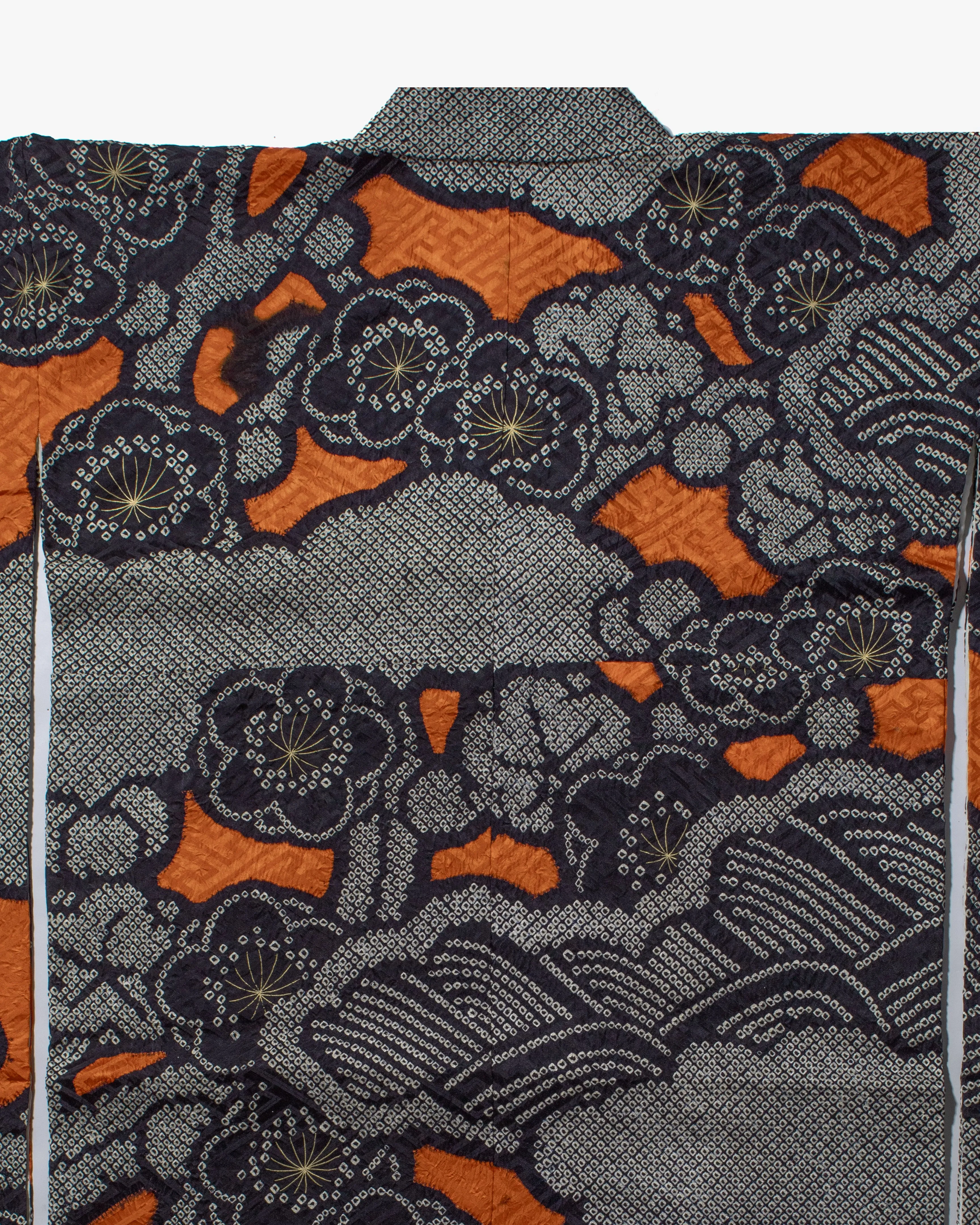 Vintage Furisode Jacket, Full Shibori, Black with White, Orange & White Flowers with Gold Embroidery sold by Kiriko product image thumbnail 5