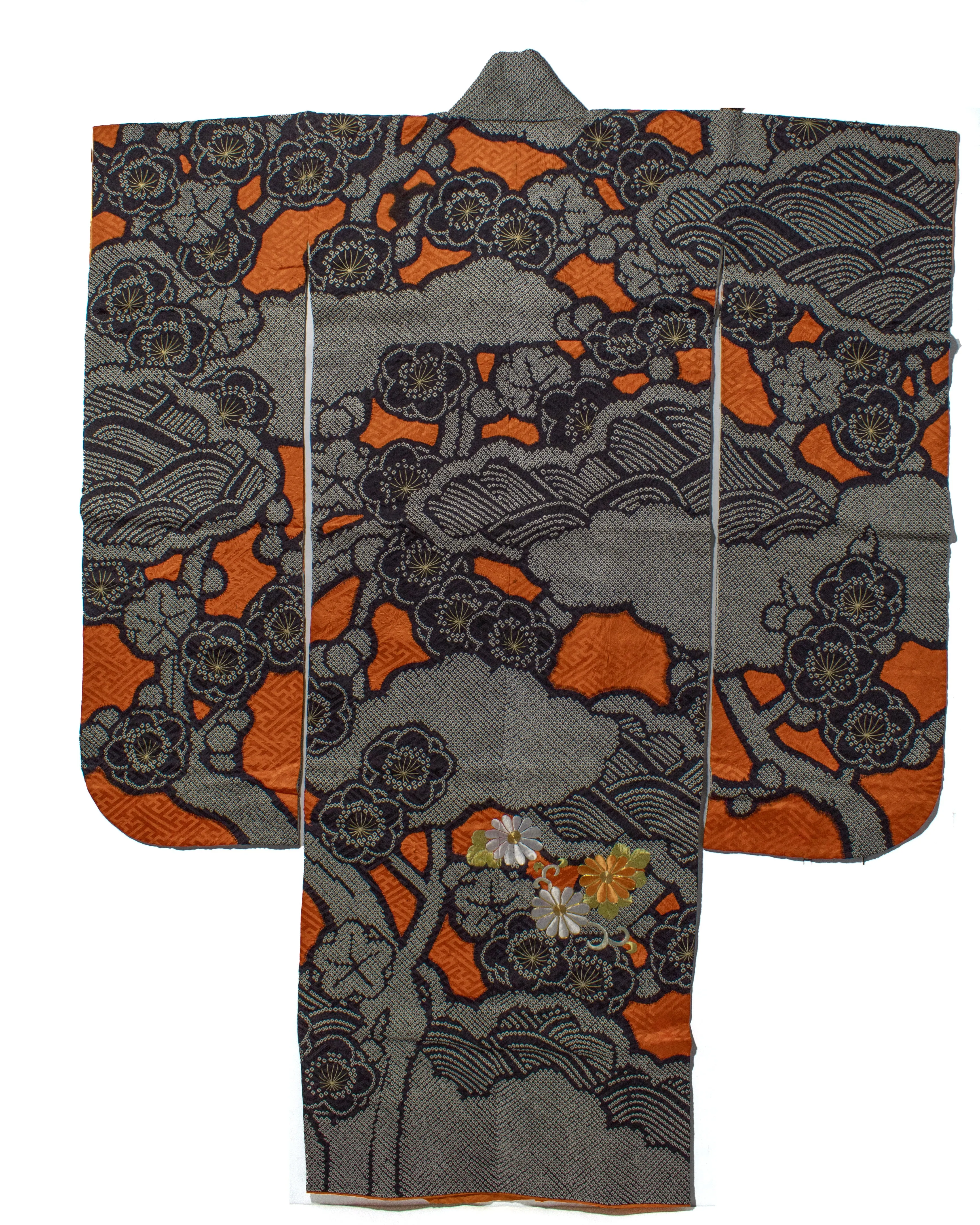 Vintage Furisode Jacket, Full Shibori, Black with White, Orange & White Flowers with Gold Embroidery sold by Kiriko product image thumbnail 4