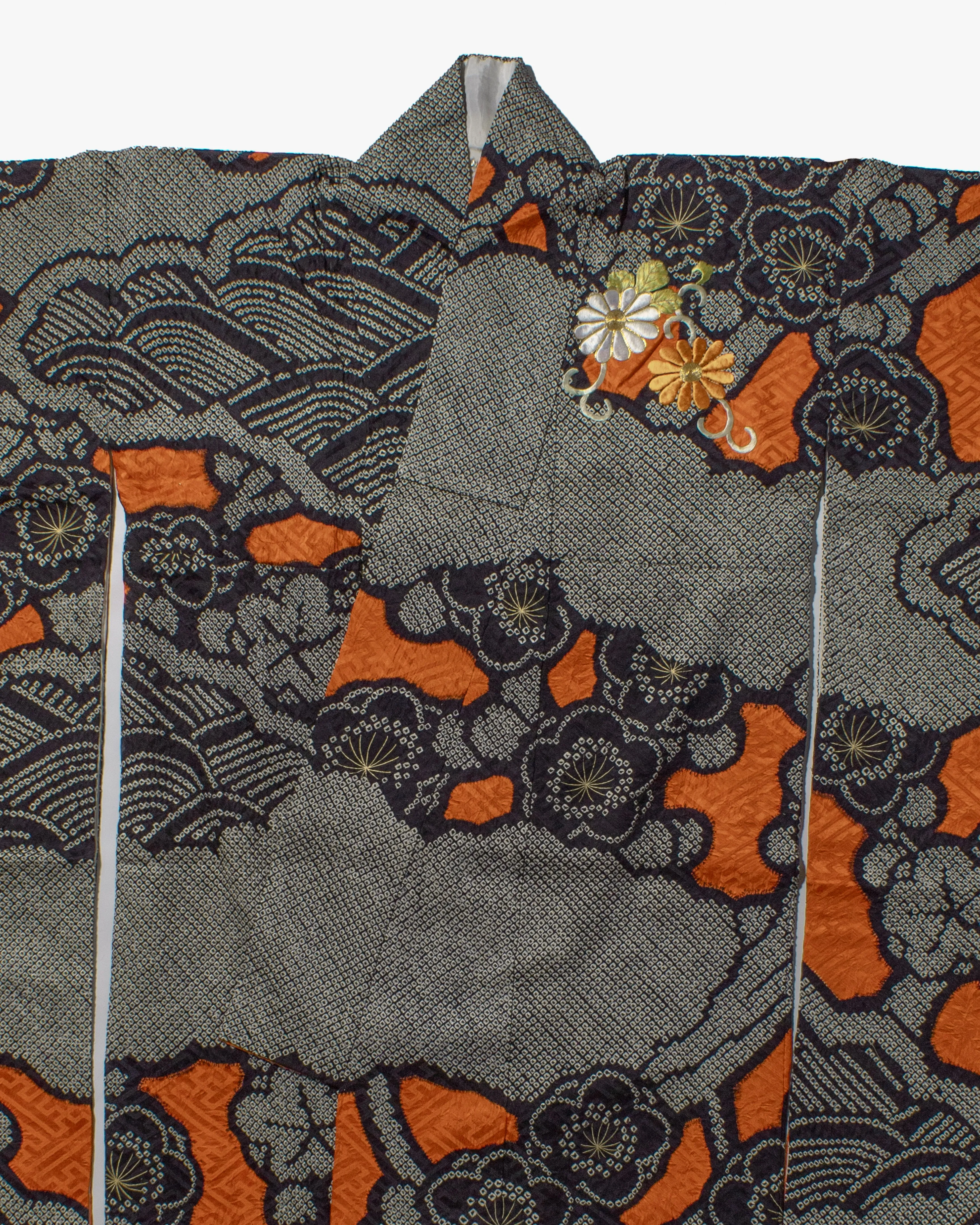 Vintage Furisode Jacket, Full Shibori, Black with White, Orange & White Flowers with Gold Embroidery sold by Kiriko product image thumbnail 2
