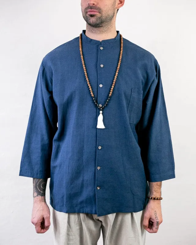 Wa-Modern Shirt, Long Sleeve Button-Up, Mandarin Collar, Teal sold by Kiriko