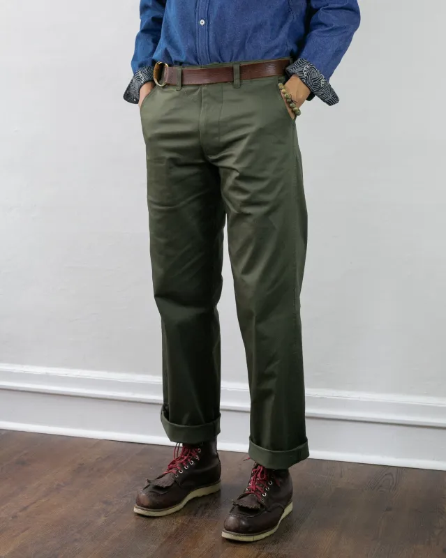 Kiriko Original Officer Trousers, 7.5 oz. Stretch Twill Chino - Olive sold by Kiriko