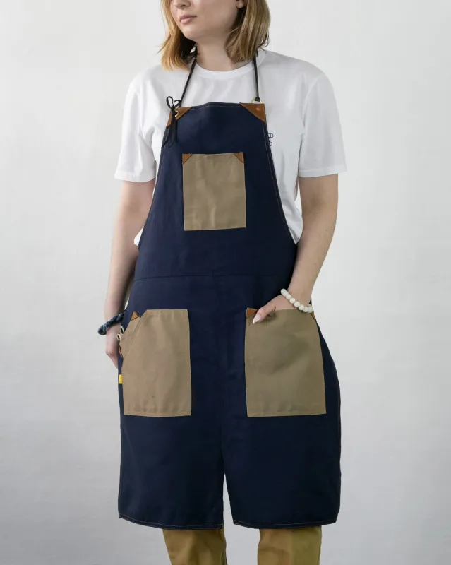 Kokoro Original Work Apron, Full, Canvas Two-Tone, Beige Pocket on Navy sold by Kiriko