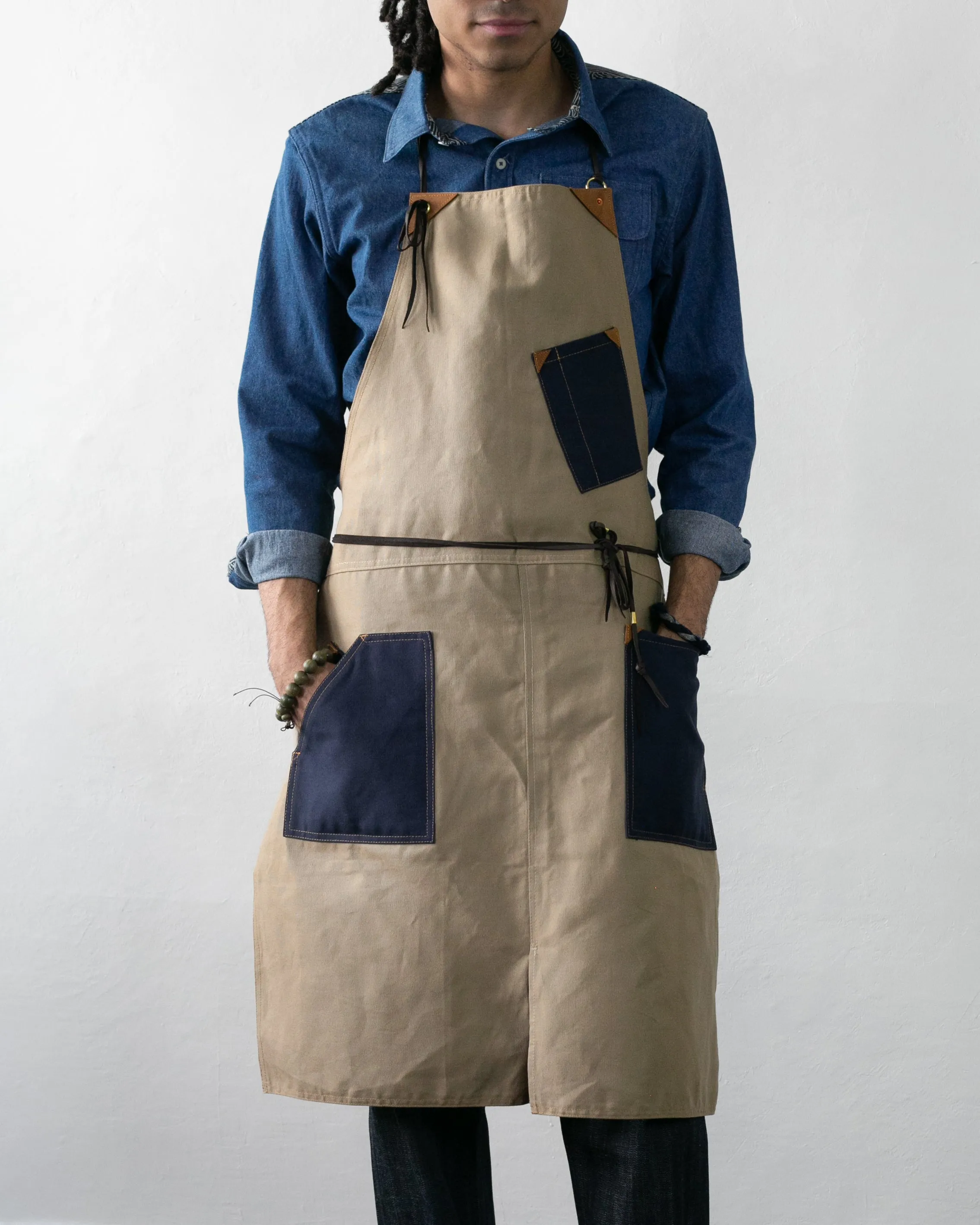 Kokoro Original Work Apron, Full, Canvas Two-Tone, Navy Pocket on Beige sold by Kiriko