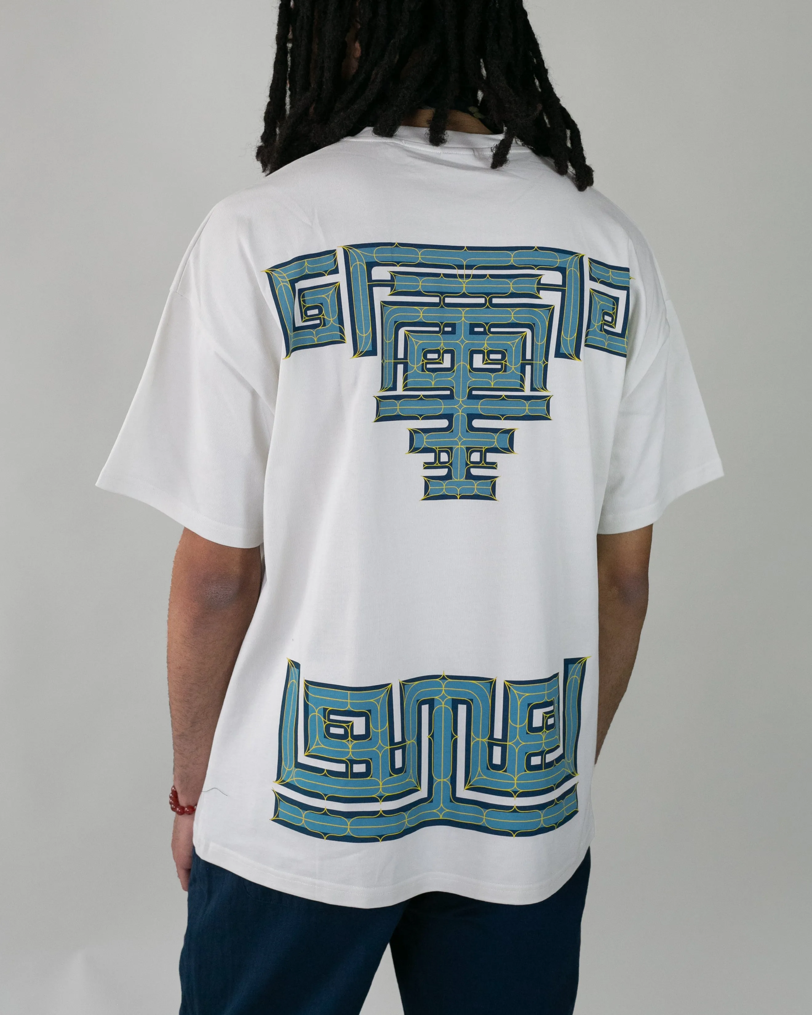 Kiriko Original Ainu Tee, Cream with Indigo, Sky Blue and Gold sold by Kiriko