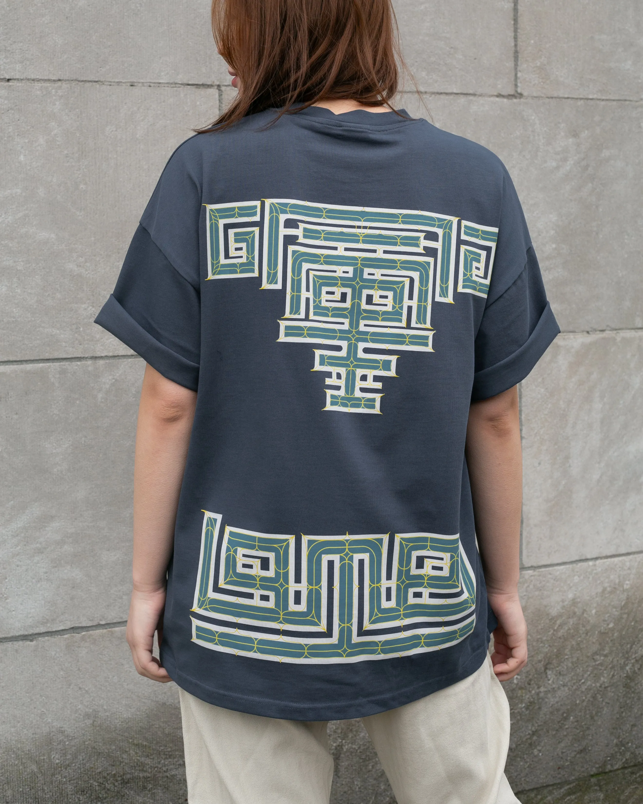 Kiriko Original Ainu Tee, Steel Blue with White, Teal and Gold sold by Kiriko