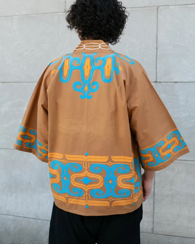Vintage Ainu Jacket, Short, Light Brown with Teal and Orange Patterns made by Kiriko