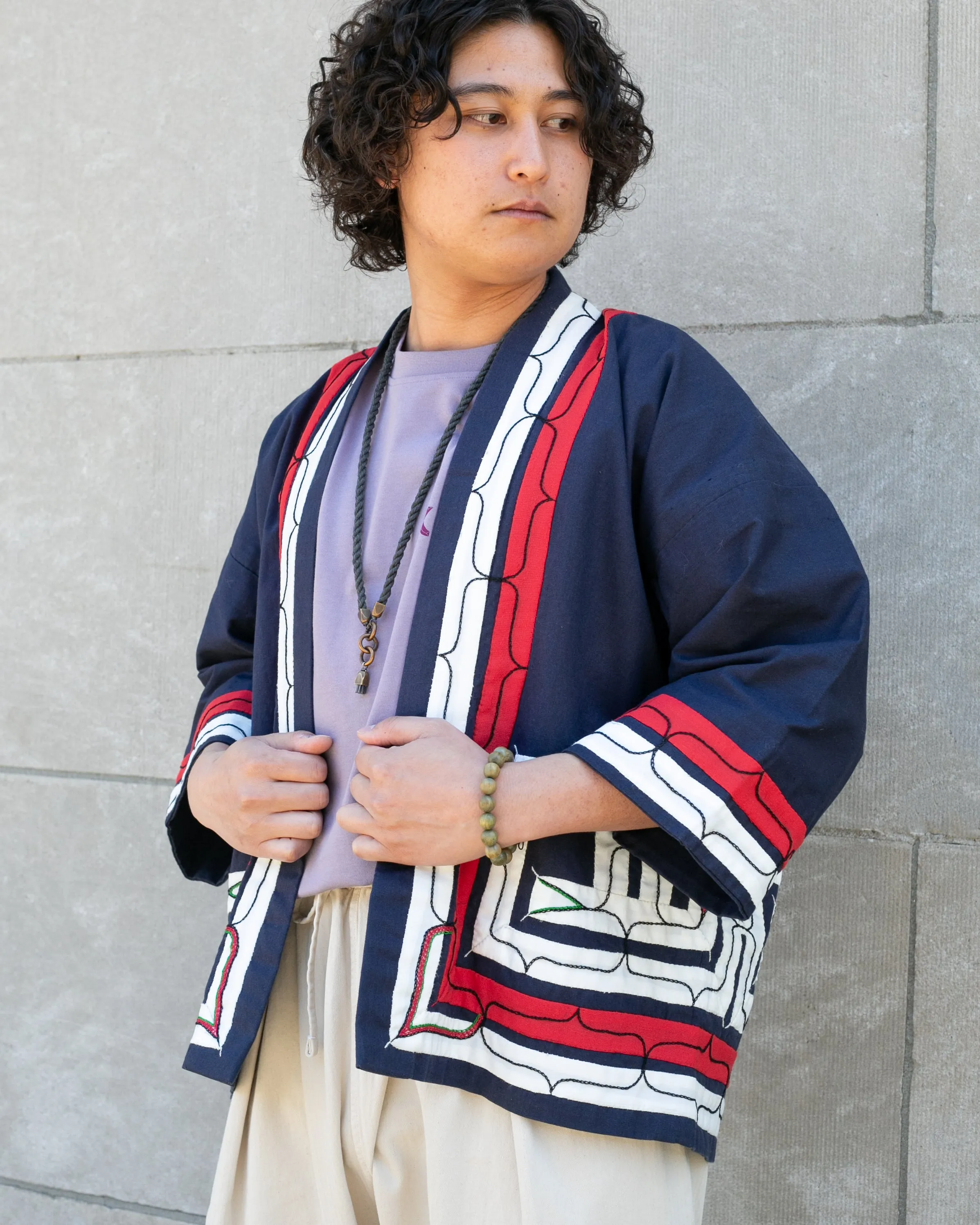 Vintage Ainu Jacket, Short, Indigo with Red and White Patterns sold by Kiriko