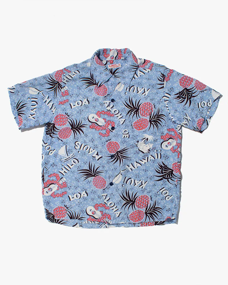 Japanese Repro Shirt, Aloha Short Sleeve, Sun Surf Brand, Blue and Red Pineapples - S sold by Kiriko