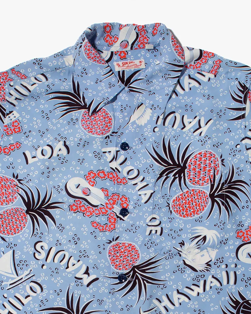 Japanese Repro Shirt, Aloha Short Sleeve, Sun Surf Brand, Blue and Red Pineapples - S sold by Kiriko product image thumbnail 2