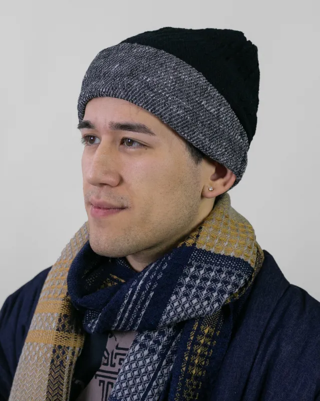 Kobo Oriza Knit Cap, Multi Functional, Cotton, Split Black and Dark Grey, 9˝ sold by Kiriko