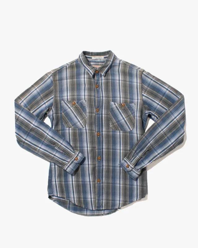 Japanese Repro Brushed Cotton Flannel, Sugar Cane, Blue and Green with Grey and White Accents - S/M sold by Kiriko