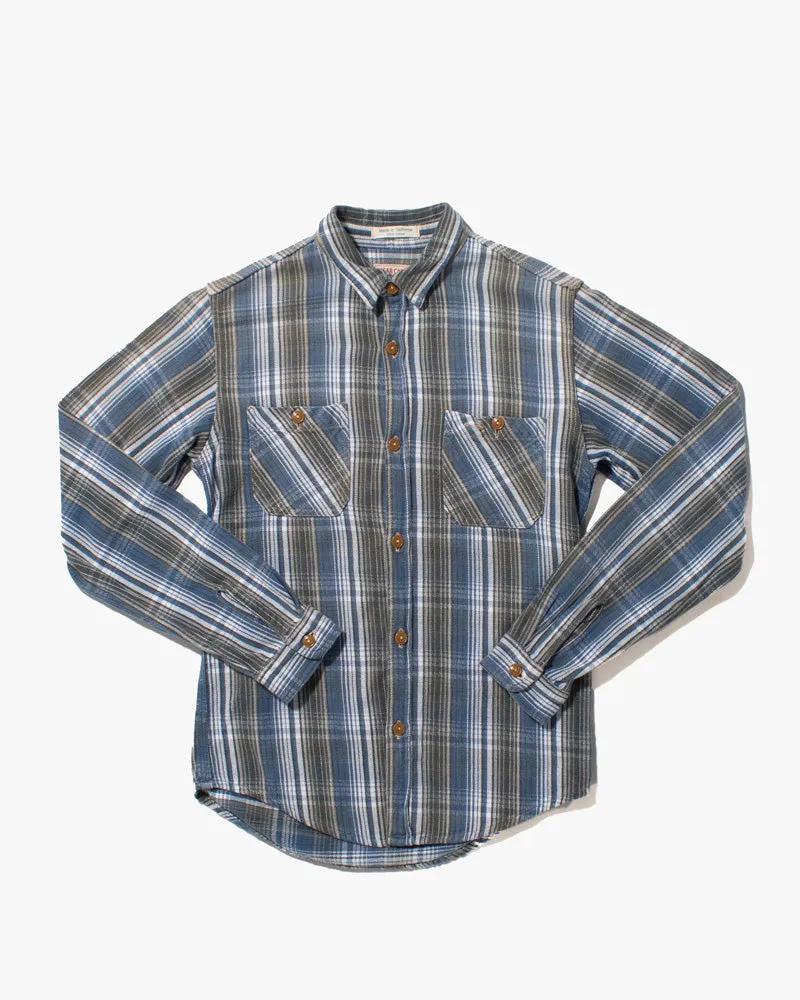 Japanese Repro Brushed Cotton Flannel, Sugar Cane, Blue and Green with Grey and White Accents - S/M sold by Kiriko