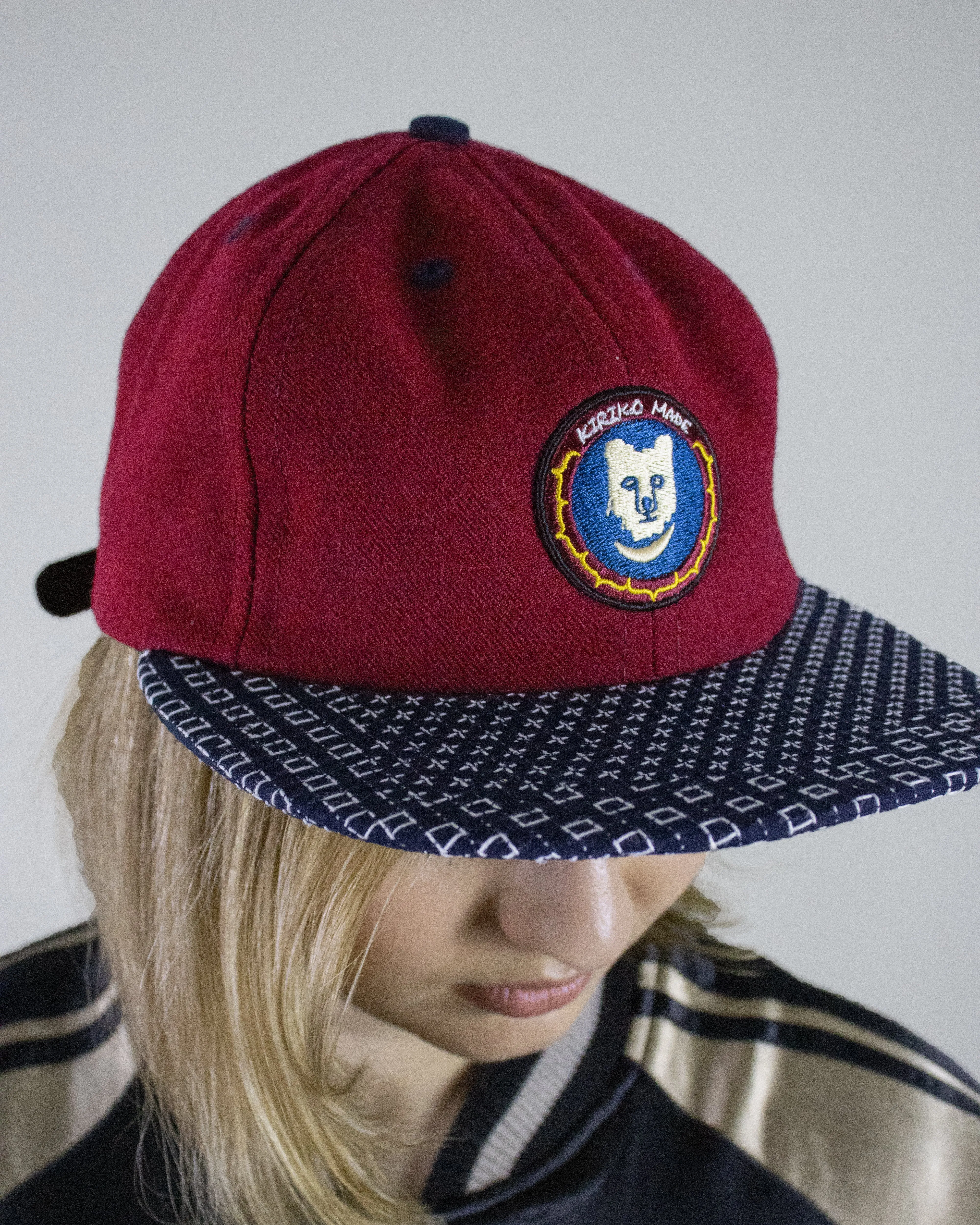Kiriko Original Cap, 6-Panel, Indigo Sashiko, Cardinal with Kuma Patch sold by Kiriko