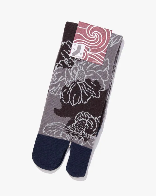 Wa Modern, Tabi Socks, Black & Grey Peony (M/L) sold by Kiriko