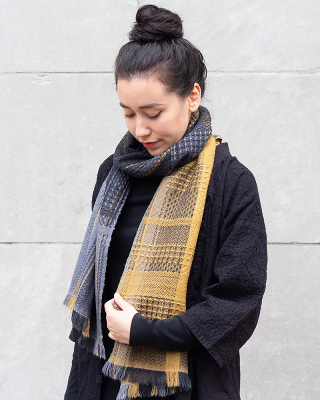 Kobo Oriza Scarf, Multi-Pattern Weave, Yellow and Charcoal Plaid sold by Kiriko