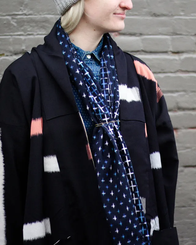 Kiriko Original Scarf, Double Split, White, Indigo and Light Blue, Jyuji sold by Kiriko