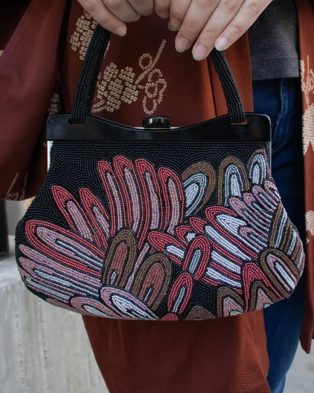 Vintage Bag, Purse, Beaded, Shades of Pink, Coral and Red, Abstract Feather Design sold by Kiriko
