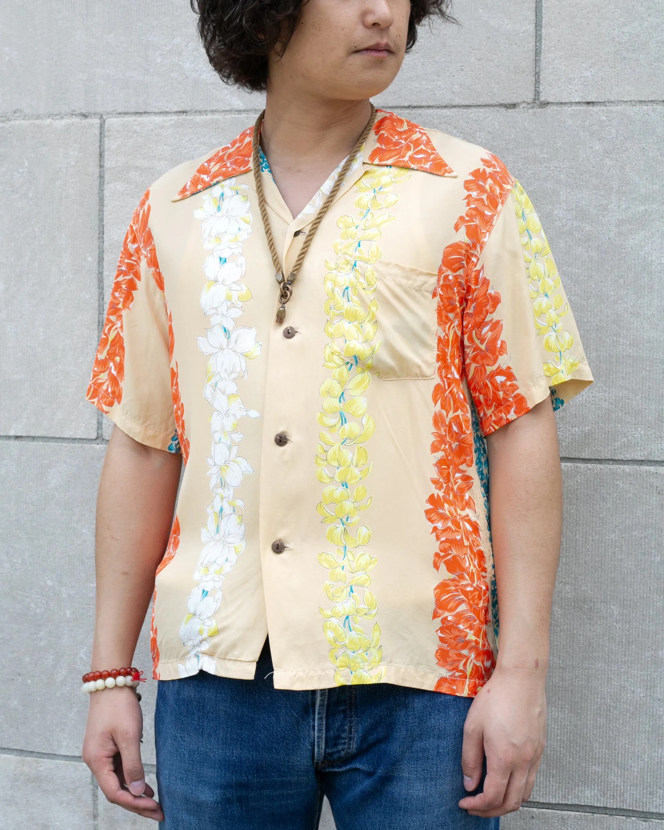 Japanese Repro Shirt, Aloha Short Sleeve, Sun Surf Brand, Cream and Orange Floral - M sold by Kiriko