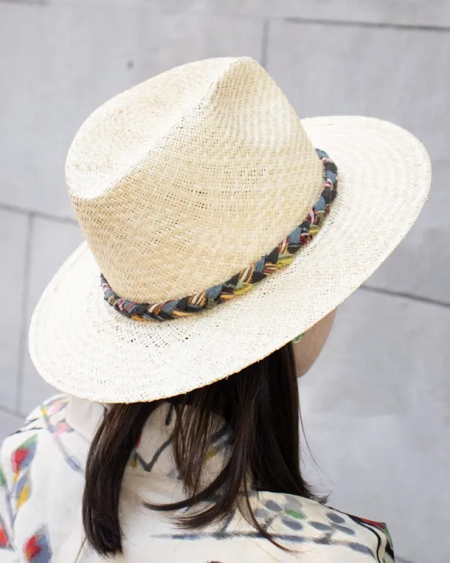 Kiriko Custom Panama Hat, Light Cream Palm Straw, Braided Indigo, Shades of Red and Yellow Plaid sold by Kiriko