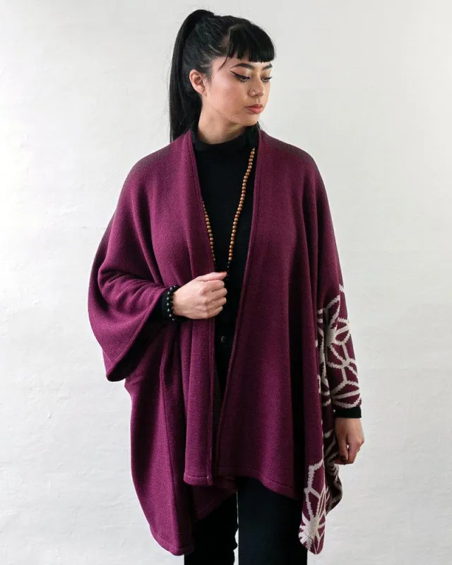 Wa-Modern Poncho, Maroon and Cream Asanoha sold by Kiriko