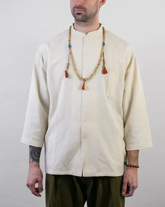 Wa-Modern Shirt, Long Sleeve Button-Up, Mandarin Collar, Cream sold by Kiriko