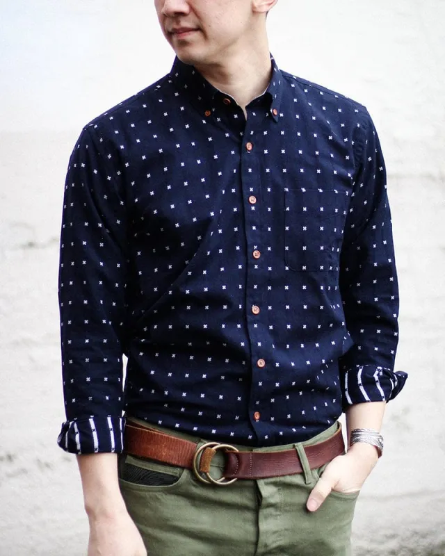 ToK Shirt, Long Sleeve Button-Up, Indigo with White 'X' Stitching sold by Kiriko