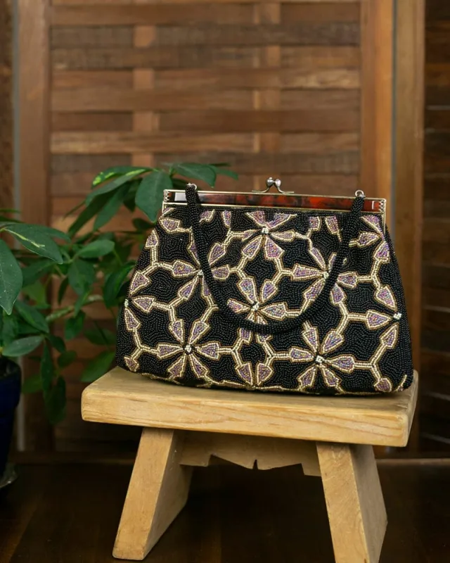 Vintage Bag, Purse, Beaded, Abstract Floral Pattern, Black and Lavender sold by Kiriko