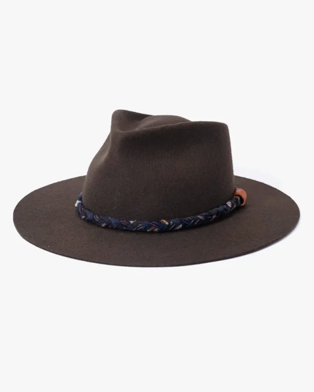 Kiriko Custom Wool Felt Hat, Dark Brown with Braided Indigo, Orange, and Light Yellow Shima sold by Kiriko