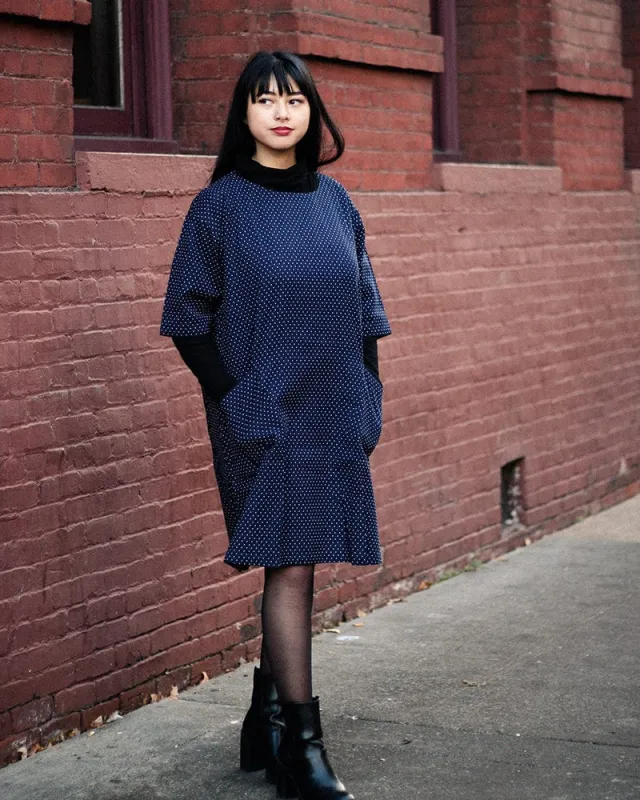 ToK Pocket Dress, Oversized A-Line, Indigo with White Extra Small Polka Dots sold by Kiriko