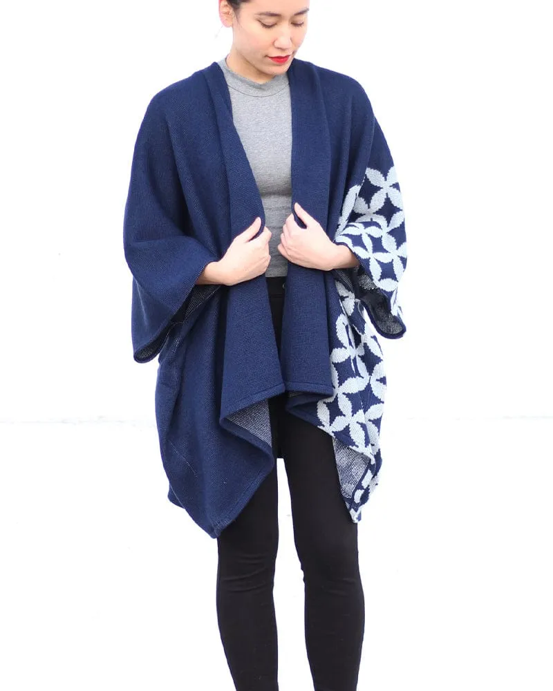Wa-Modern Poncho, Navy with Shippou sold by Kiriko