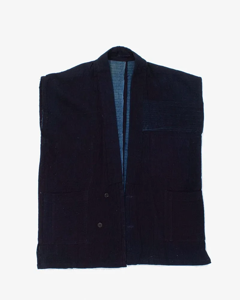 Vintage Noragi Vest, Reversible Boro, Fully Sashiko Stitched, Dark and Washed Indigo sold by Kiriko