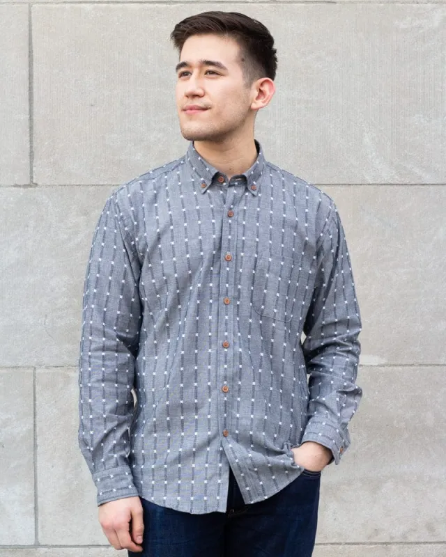 ToK Shirt, Long Sleeve Button-Up, Grey with White 'X' Stitching sold by Kiriko