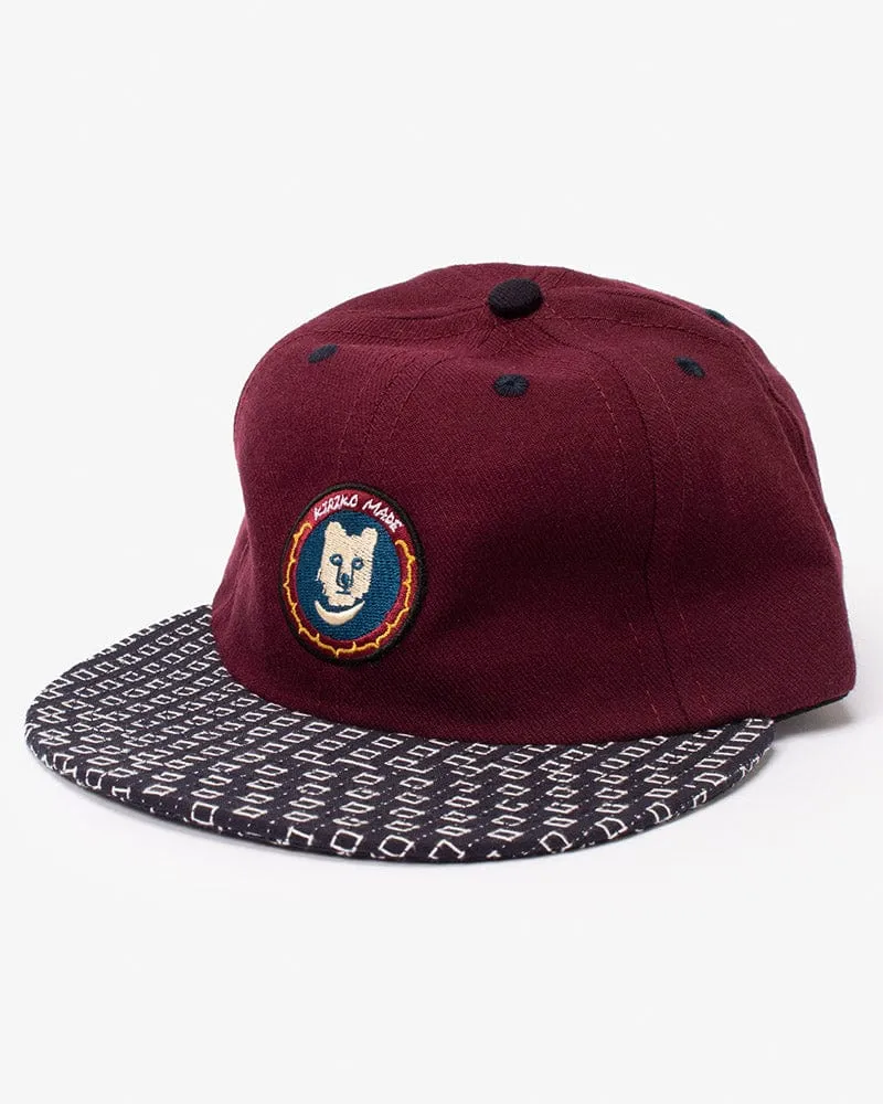 Kiriko Original Cap, 6-Panel, Indigo Sashiko, Burgundy with Kuma Patch sold by Kiriko