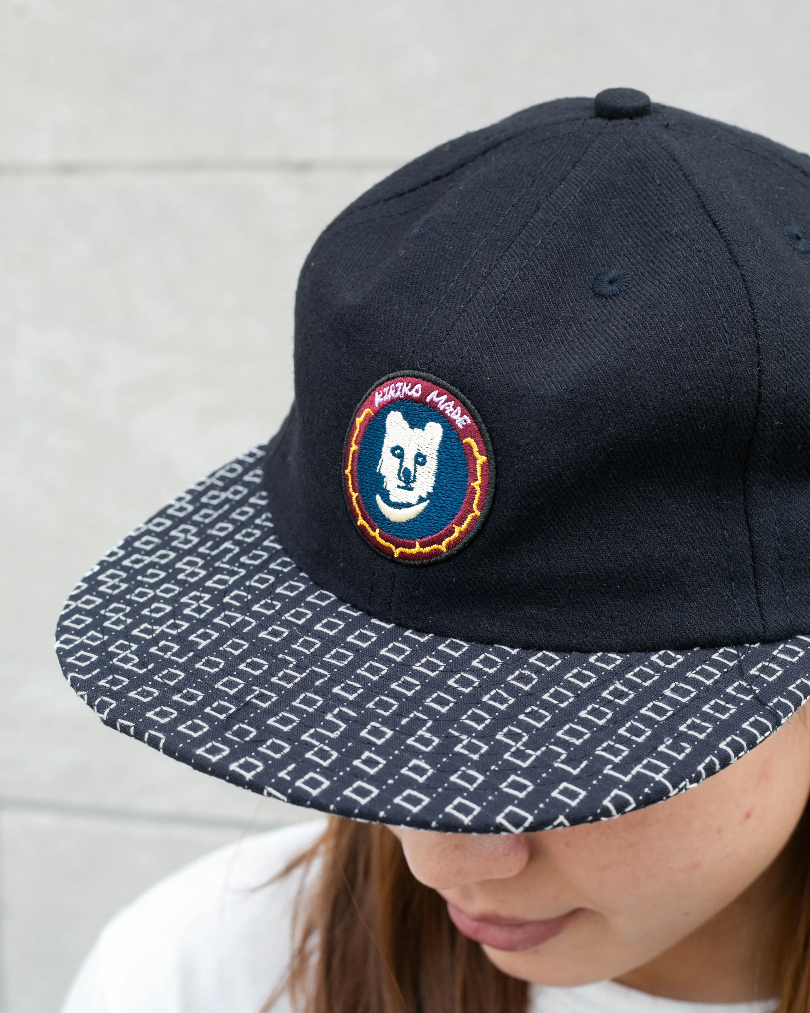Kiriko Original Cap, 6-Panel, Indigo Sashiko, Navy with Kuma Patch sold by Kiriko