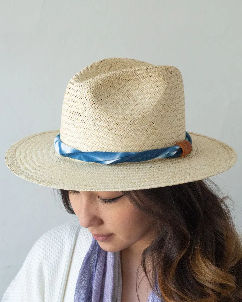 Kiriko Custom Panama Hat, Straw, Palm, Twisted Washed Indigo Shibori sold by Kiriko
