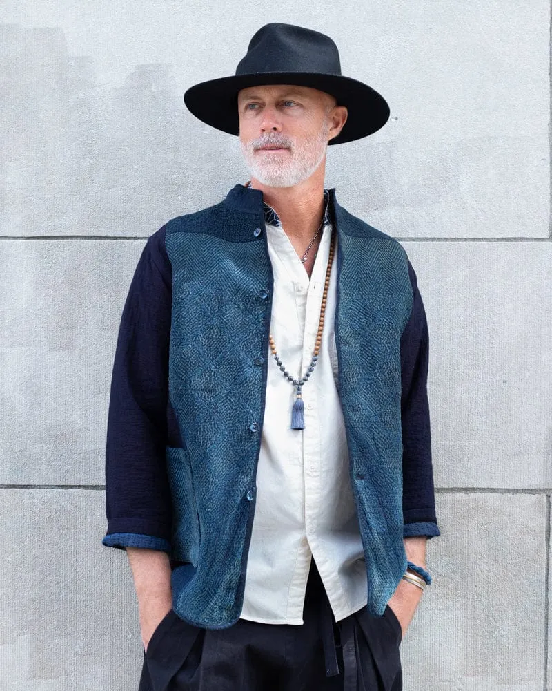 Vintage Noragi Jacket, Altered, Boro, Mandarin Collared Button Up, Kogin Sashiko, Shades of Faded Indigo sold by Kiriko product image thumbnail 3