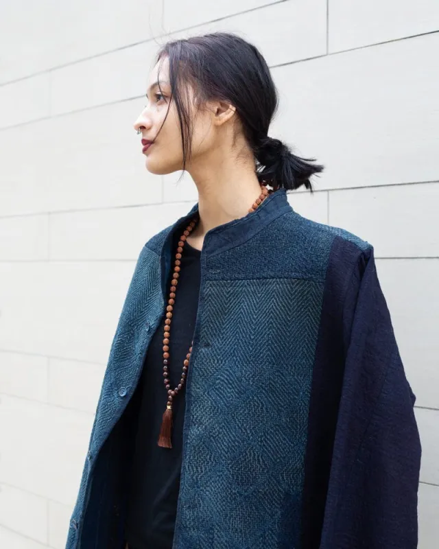 Vintage Noragi Jacket, Altered, Boro, Mandarin Collared Button Up, Kogin Sashiko, Shades of Faded Indigo sold by Kiriko