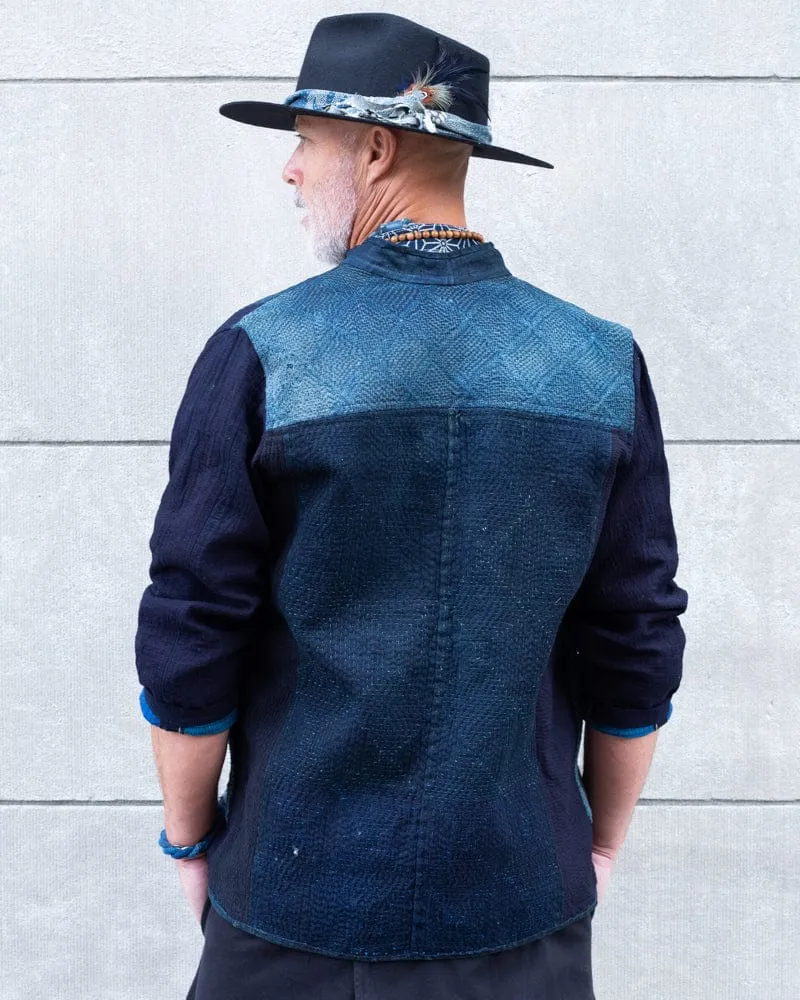 Vintage Noragi Jacket, Altered, Boro, Mandarin Collared Button Up, Kogin Sashiko, Shades of Faded Indigo sold by Kiriko product image thumbnail 5