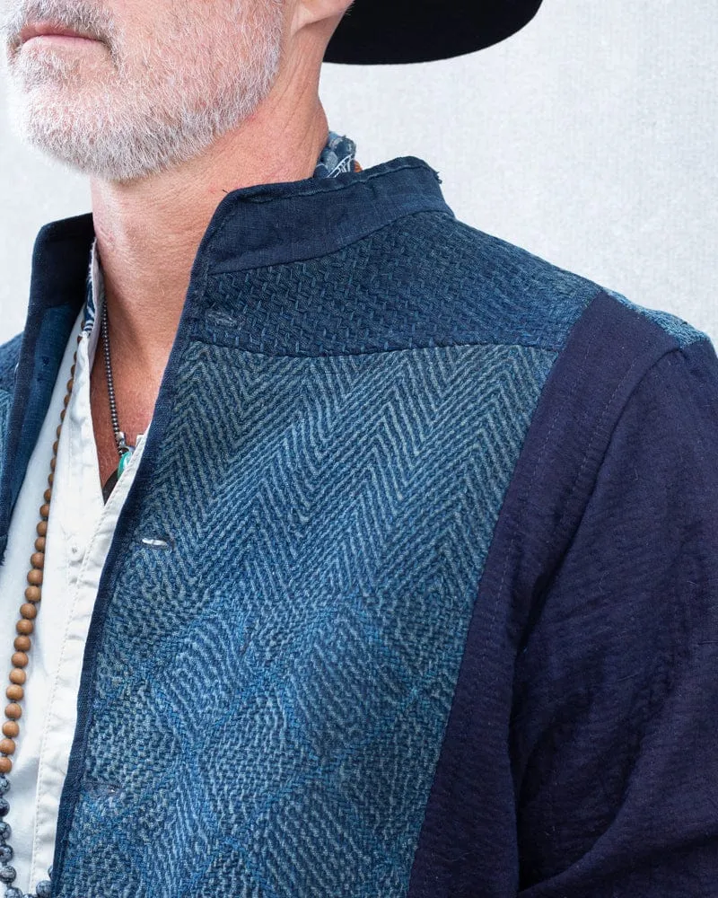 Vintage Noragi Jacket, Altered, Boro, Mandarin Collared Button Up, Kogin Sashiko, Shades of Faded Indigo sold by Kiriko product image thumbnail 4