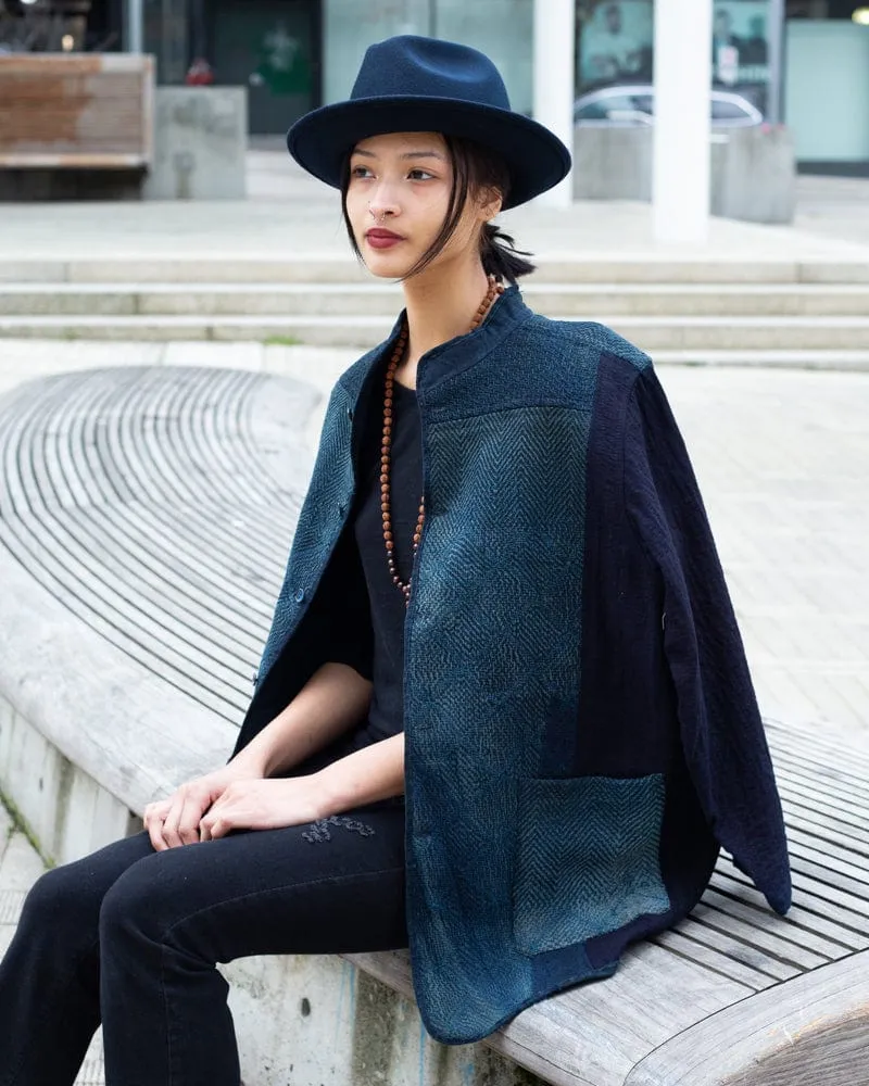 Vintage Noragi Jacket, Altered, Boro, Mandarin Collared Button Up, Kogin Sashiko, Shades of Faded Indigo sold by Kiriko product image thumbnail 2