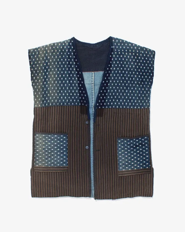 Vintage Noragi Vest, Reversible Boro, Buttoned Chest, Washed Indigo and White Kasuri Dots, Brown Shima sold by Kiriko