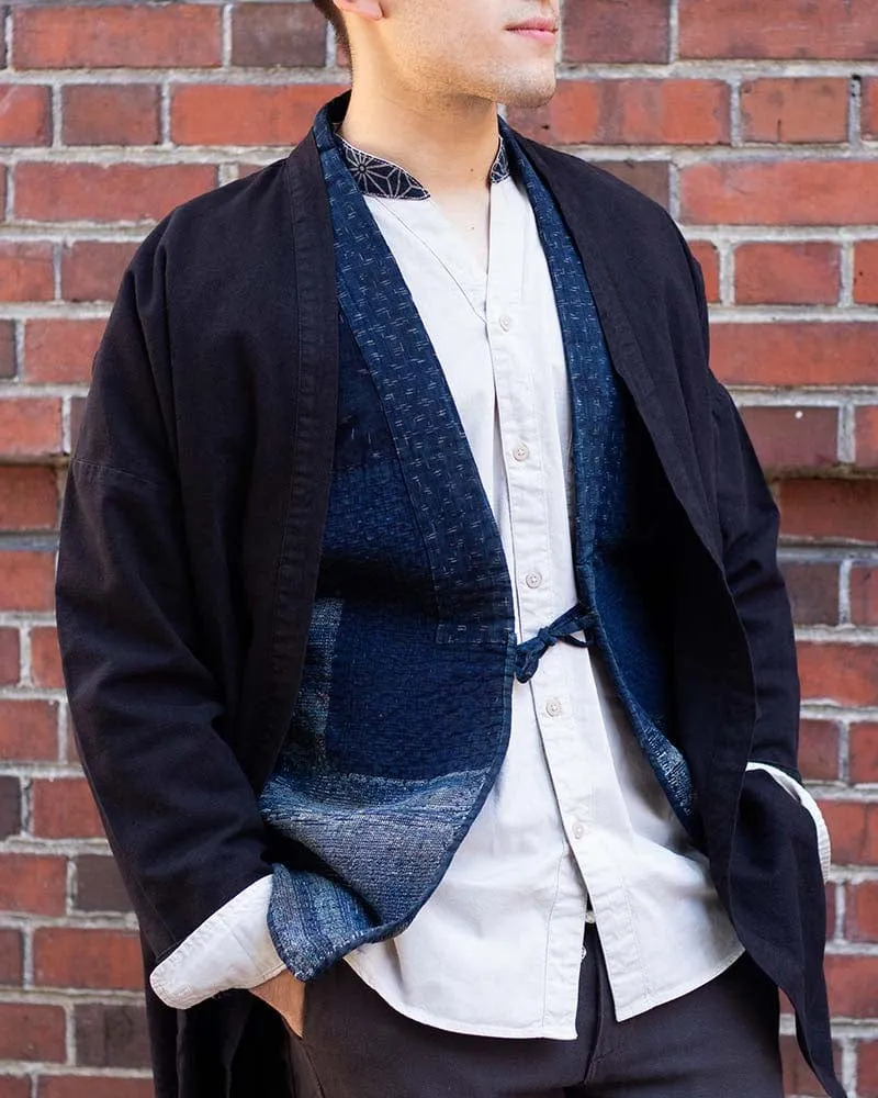 Vintage Noragi Vest, Reversible Boro, Indigo Sakiori and Kogin Sashiko Vest sold by Kiriko