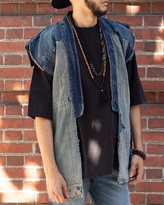 Vintage Noragi Vest, Reversible Boro, Faded Indigo, Patched and Fully Sashiko-Stitched sold by Kiriko